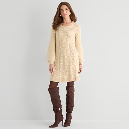 Studio 1 Womens Long Sleeve Sweater Dress In White