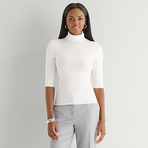 Worthington Womens Turtleneck Elbow Sleeve Pullover Sweater In White
