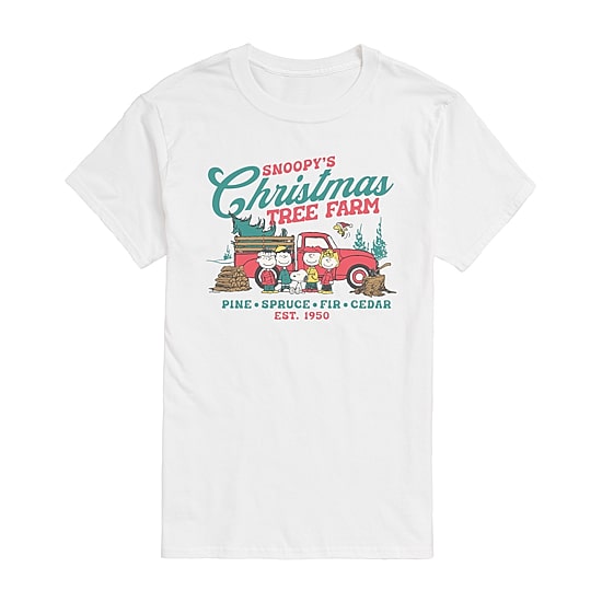 Christmas Tree Farm Mens Crew Neck Short Sleeve Regular Fit Peanuts Snoopy Big and Tall Graphic T-Shirt