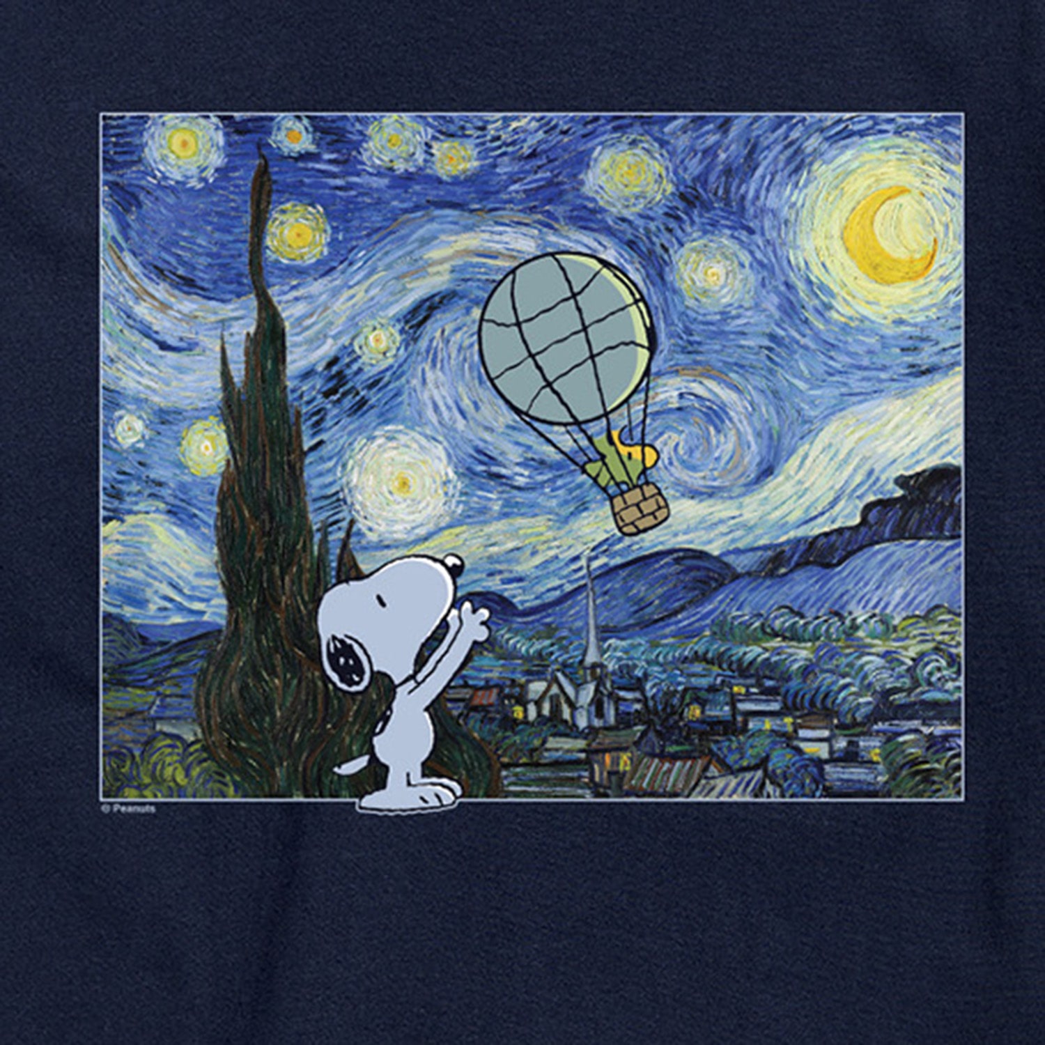 Starry Night Hot Air Balloon Mens Crew Neck Short Sleeve Regular Fit Peanuts Snoopy Big and Tall Graphic T-Shirt