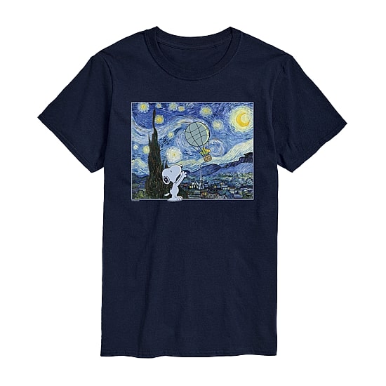 Starry Night Hot Air Balloon Mens Crew Neck Short Sleeve Regular Fit Peanuts Snoopy Big and Tall Graphic T-Shirt