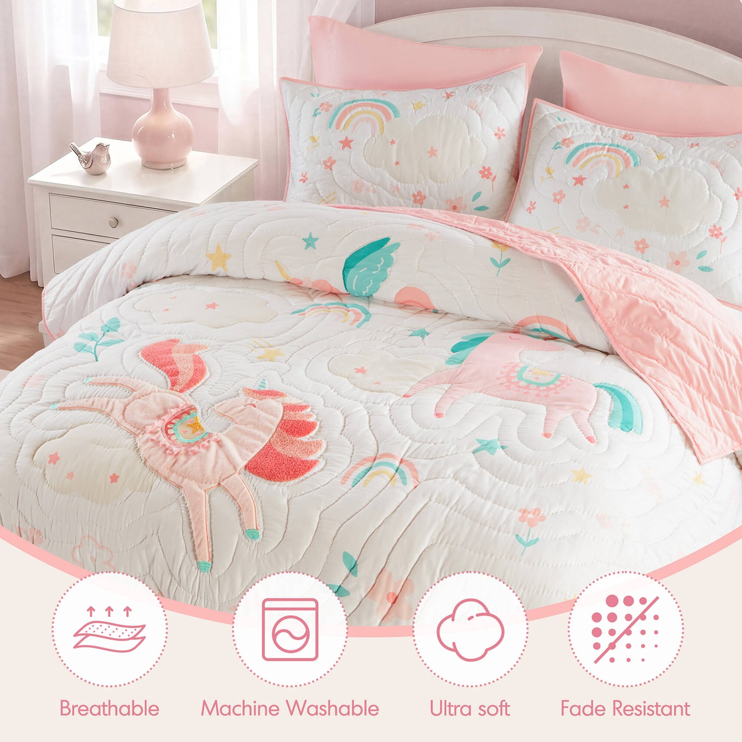 Intelligent Design Kayla Unicorn Applique Hand Quilting Quilt Set