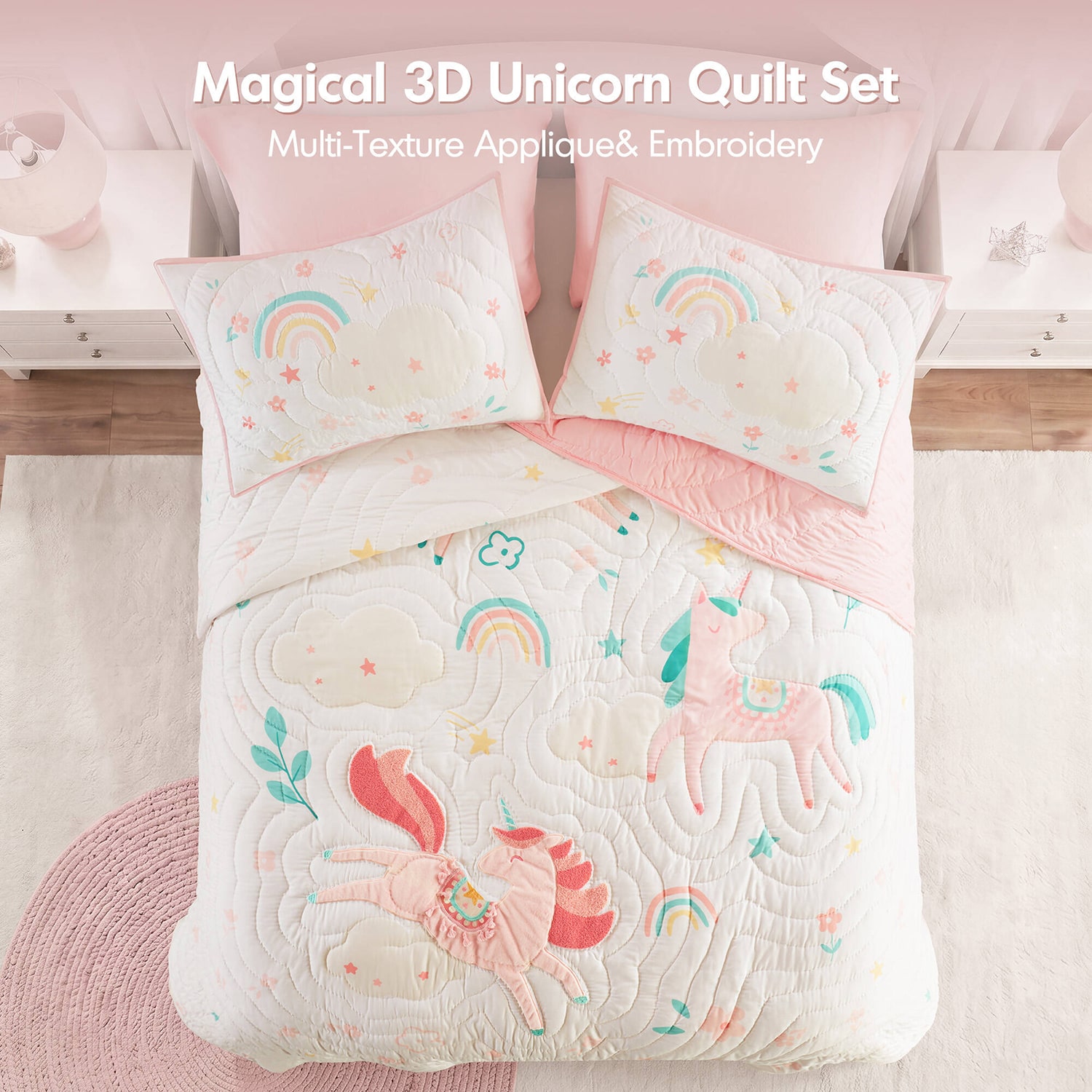 Intelligent Design Kayla Unicorn Applique Hand Quilting Quilt Set