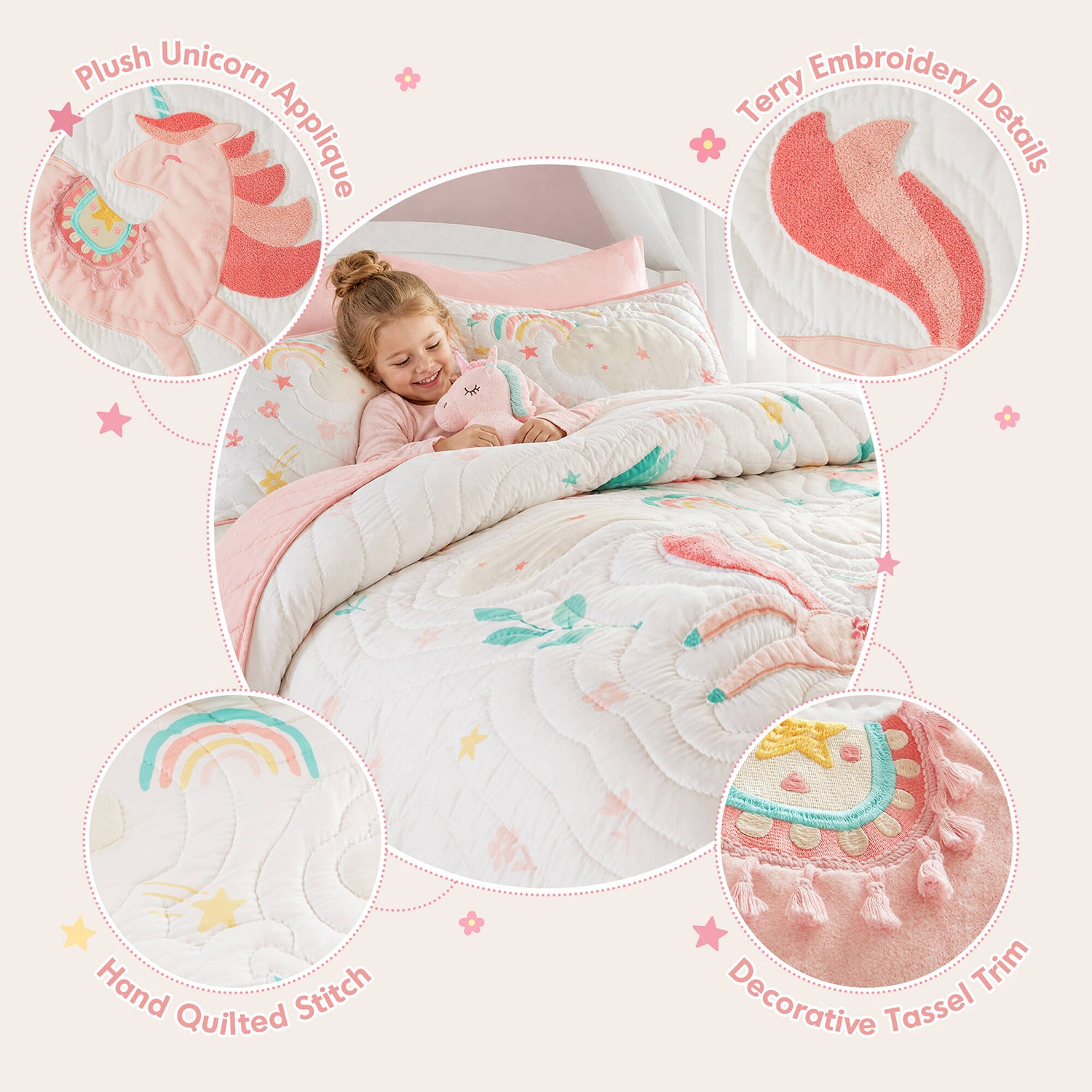 Intelligent Design Kayla Unicorn Applique Hand Quilting Quilt Set