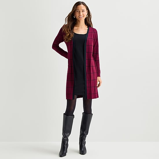 Studio 1 Womens Long Sleeve Checked Midi Sweater Faux-Jacket Dress