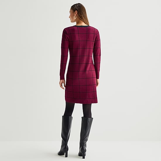 Studio 1 Womens Long Sleeve Checked Midi Sweater Faux-Jacket Dress