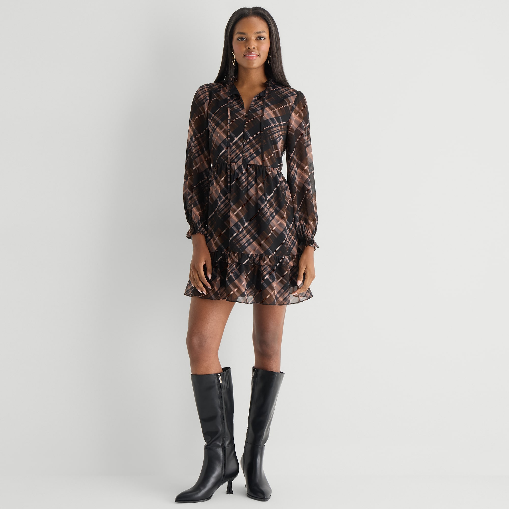 Maia Womens V Neck Long Sleeve Plaid Shift Dress