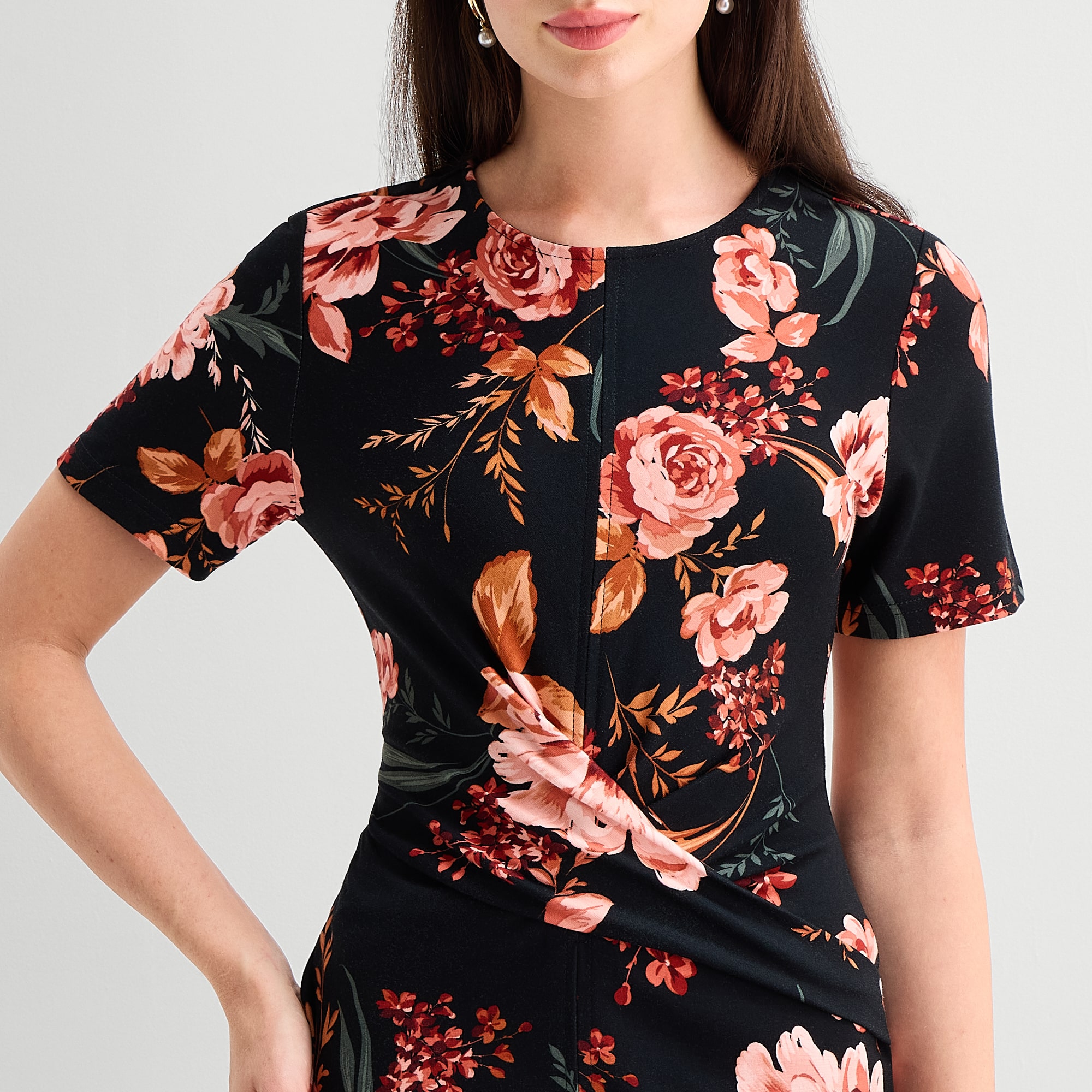 Ted Baker Womens Midi Round Neck Short Sleeve Cap Floral Fit + Flare Dress