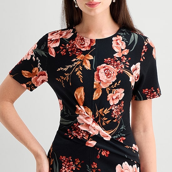 Ted Baker Womens Midi Round Neck Short Sleeve Cap Floral Fit + Flare Dress