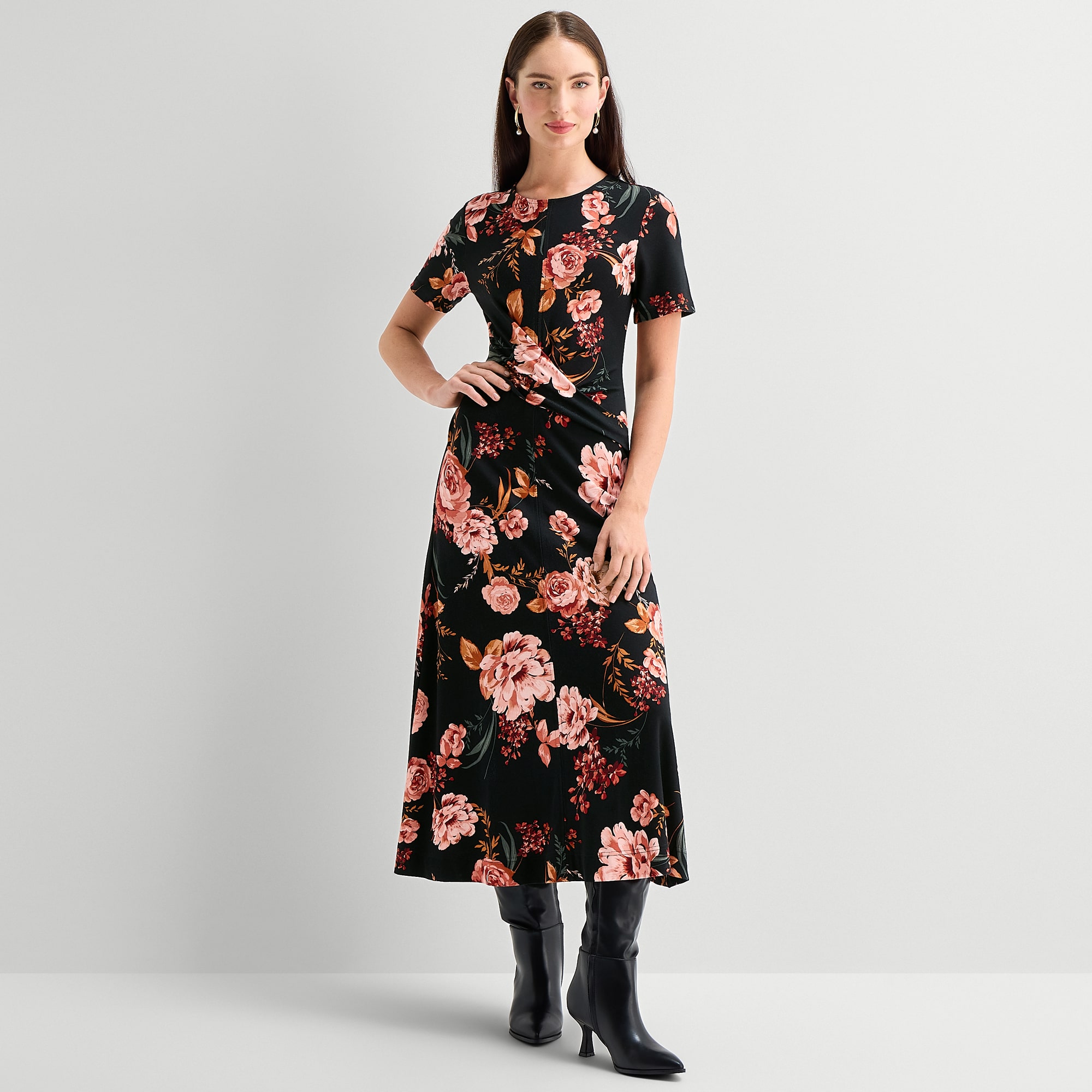 Ted Baker Womens Midi Round Neck Short Sleeve Cap Floral Fit + Flare Dress
