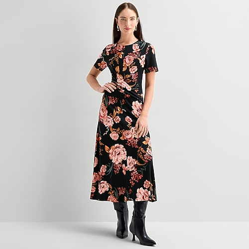 Ted Baker Womens Midi Round Neck Short Sleeve Cap Floral Fit + Flare Dress In Black