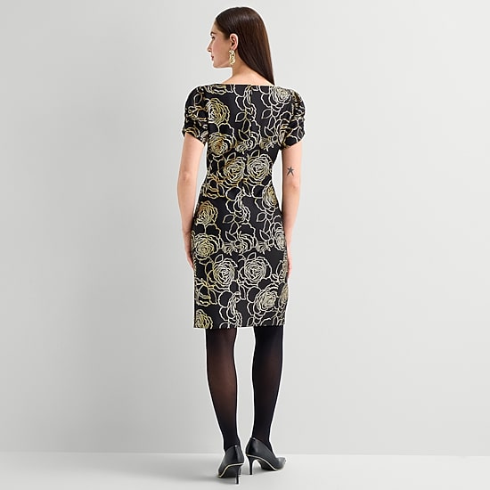 Marc New York Womens Round Neck Short Sleeve Floral Sheath Dress