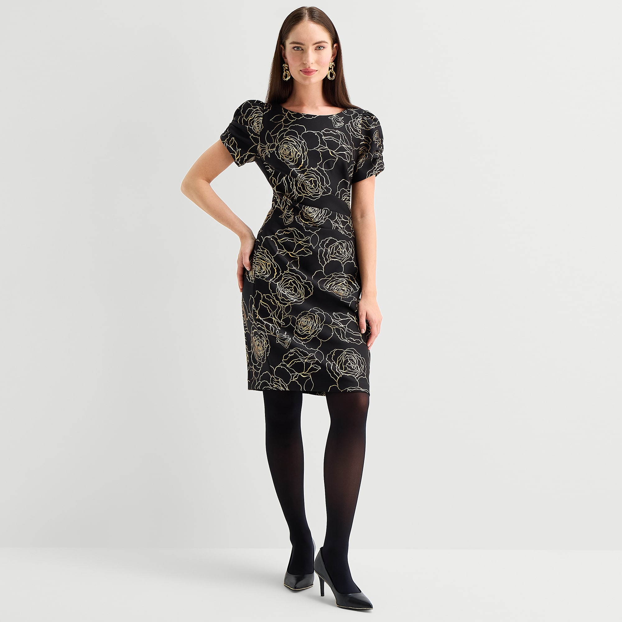Marc New York Womens Round Neck Short Sleeve Floral Sheath Dress