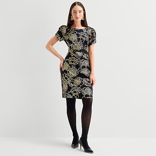 Marc New York Womens Round Neck Short Sleeve Floral Sheath Dress In Black