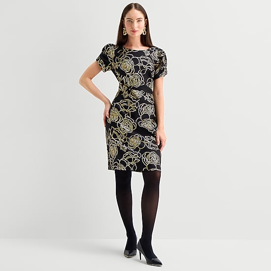 jcpenney black and gold dress Marc New York Womens Round Neck Short Sleeve Floral Sheath Dress, Color: Neckline:Halter 40.5 Inches W332026MonDay Striped Mesh Maxi Dress