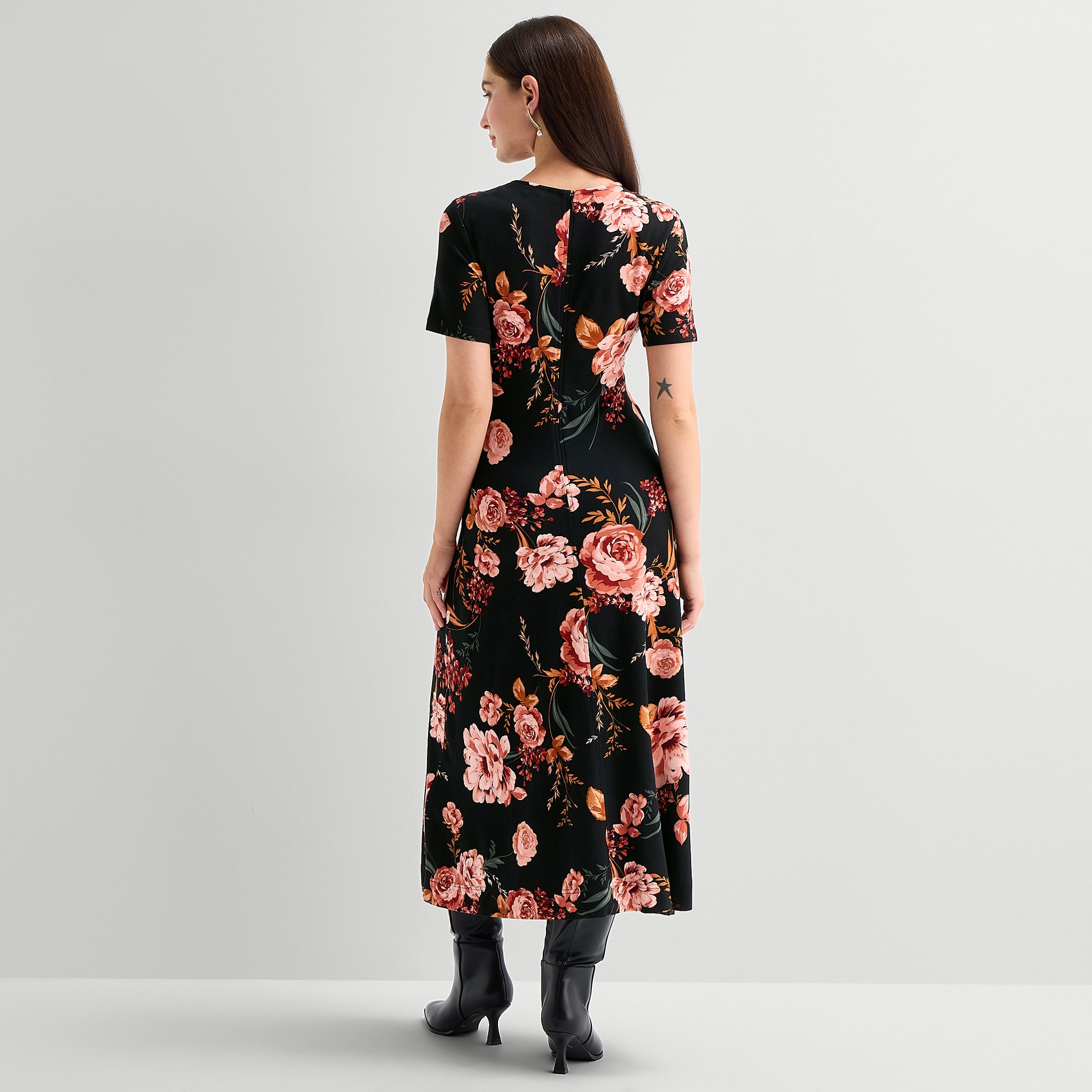 Ted Baker Womens Midi Round Neck Short Sleeve Cap Floral Fit + Flare Dress