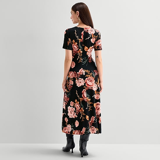 Ted Baker Womens Midi Round Neck Short Sleeve Cap Floral Fit + Flare Dress