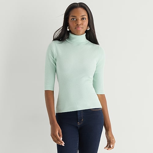Worthington Womens Turtleneck Elbow Sleeve Pullover Sweater In Blue