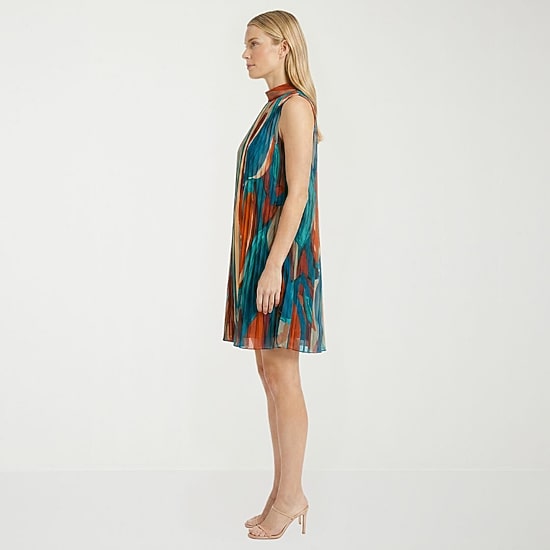 London Times Womens Midi High Neck Sleeveless Abstract Shift Dress