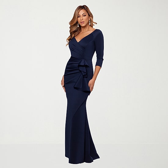 DJ Jaz Womens V Neck 3/4 Sleeve Fitted Evening Gown