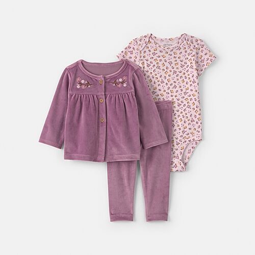 Carter's Baby Girls' Floral-Embroidered Long-Sleeve Velour Cardigan, Bodysuit and Pants, 3-Piece Set - Purple