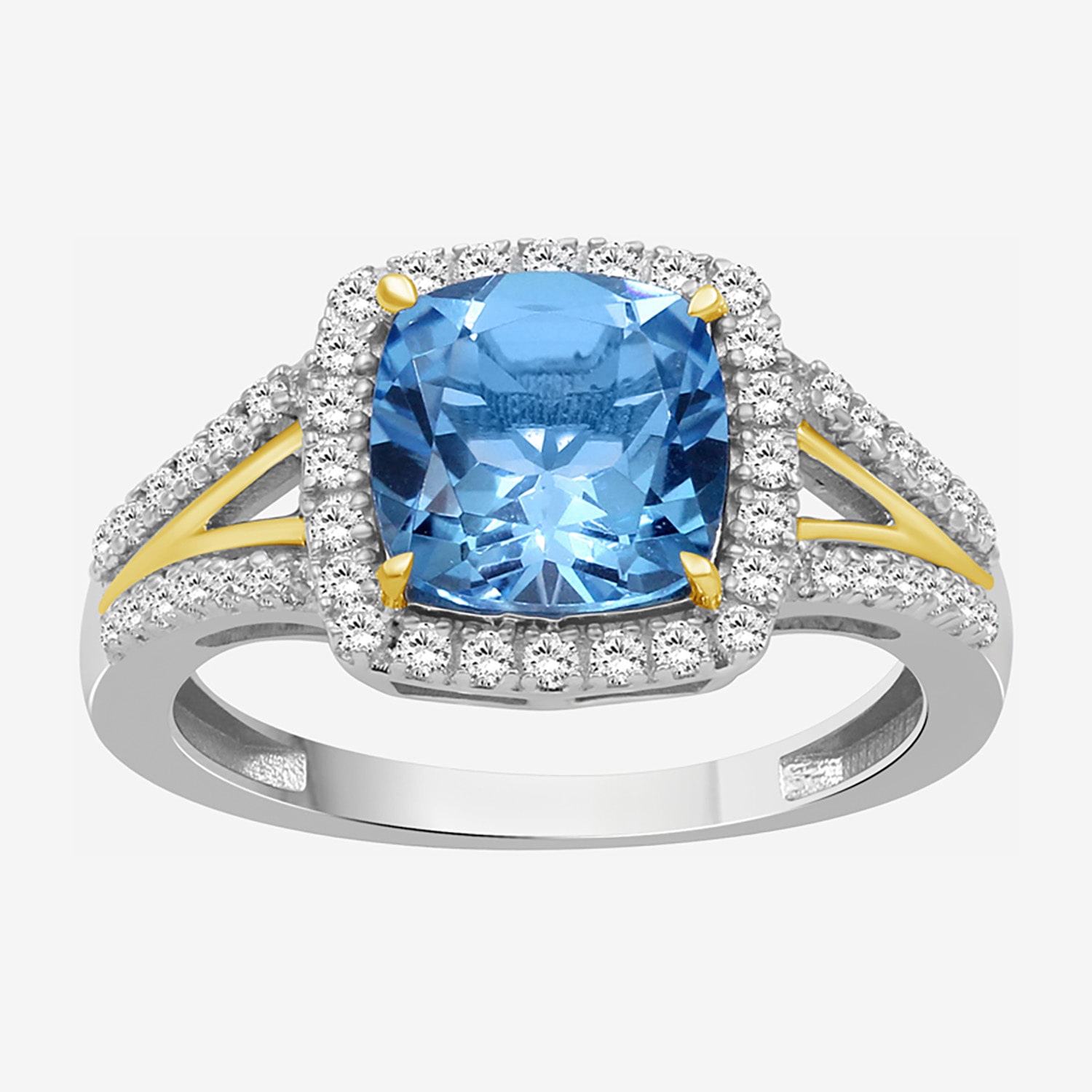 Womens Genuine Blue Topaz 10K Gold Cushion Halo Side Stone Cocktail Ring
