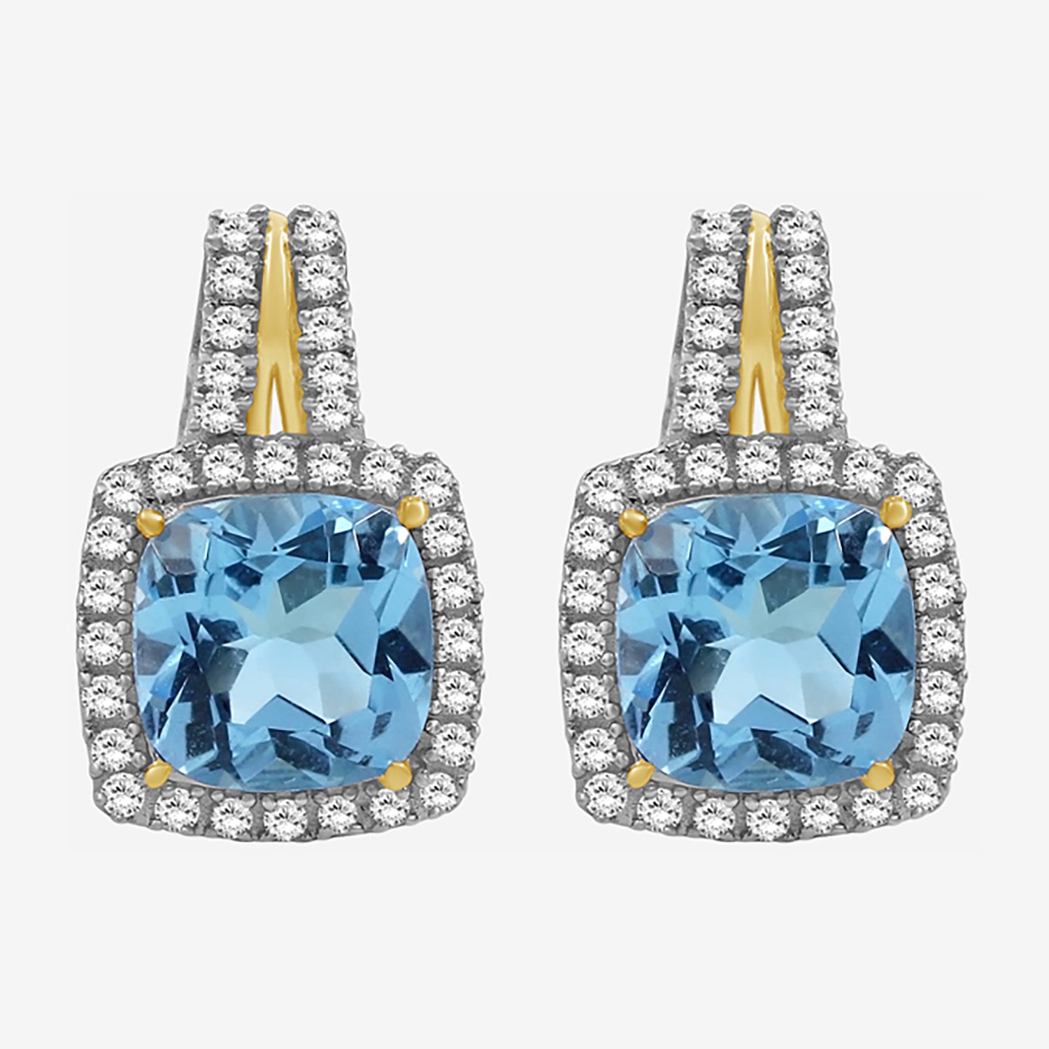 (I-J / I2-I3) Genuine Blue Topaz 10K Two Tone Gold 15.4mm Cushion Stud Earrings