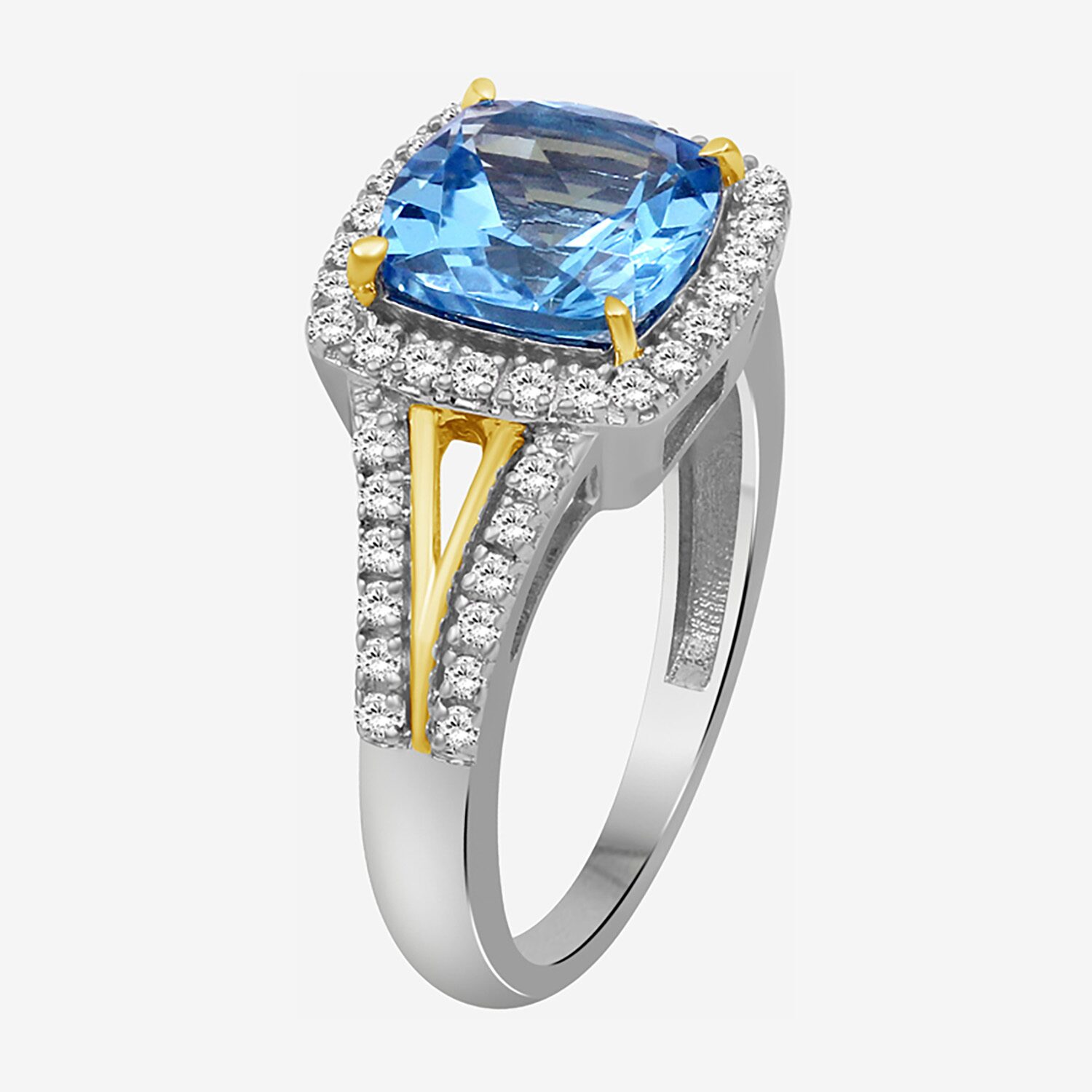 Womens Genuine Blue Topaz 10K Gold Cushion Halo Side Stone Cocktail Ring