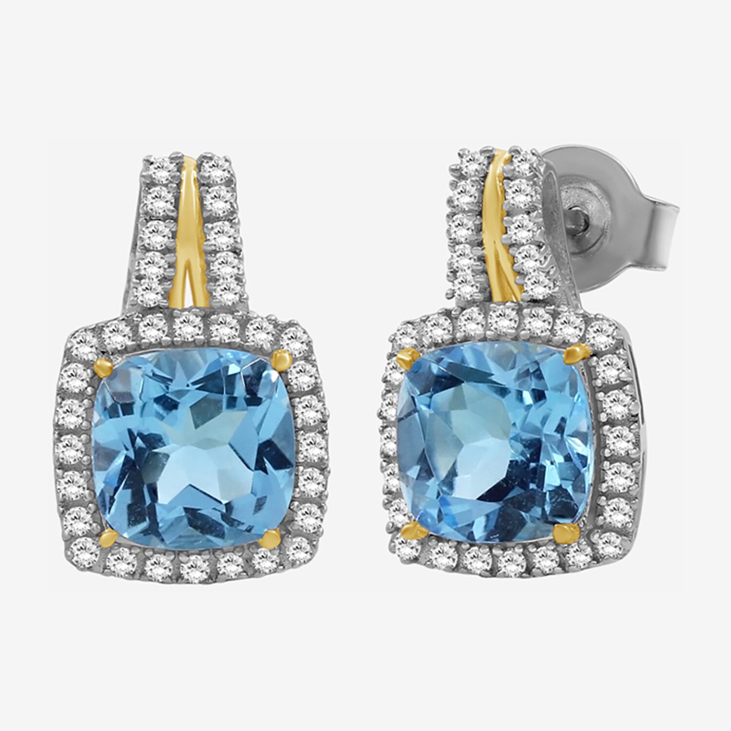 (I-J / I2-I3) Genuine Blue Topaz 10K Two Tone Gold 15.4mm Cushion Stud Earrings
