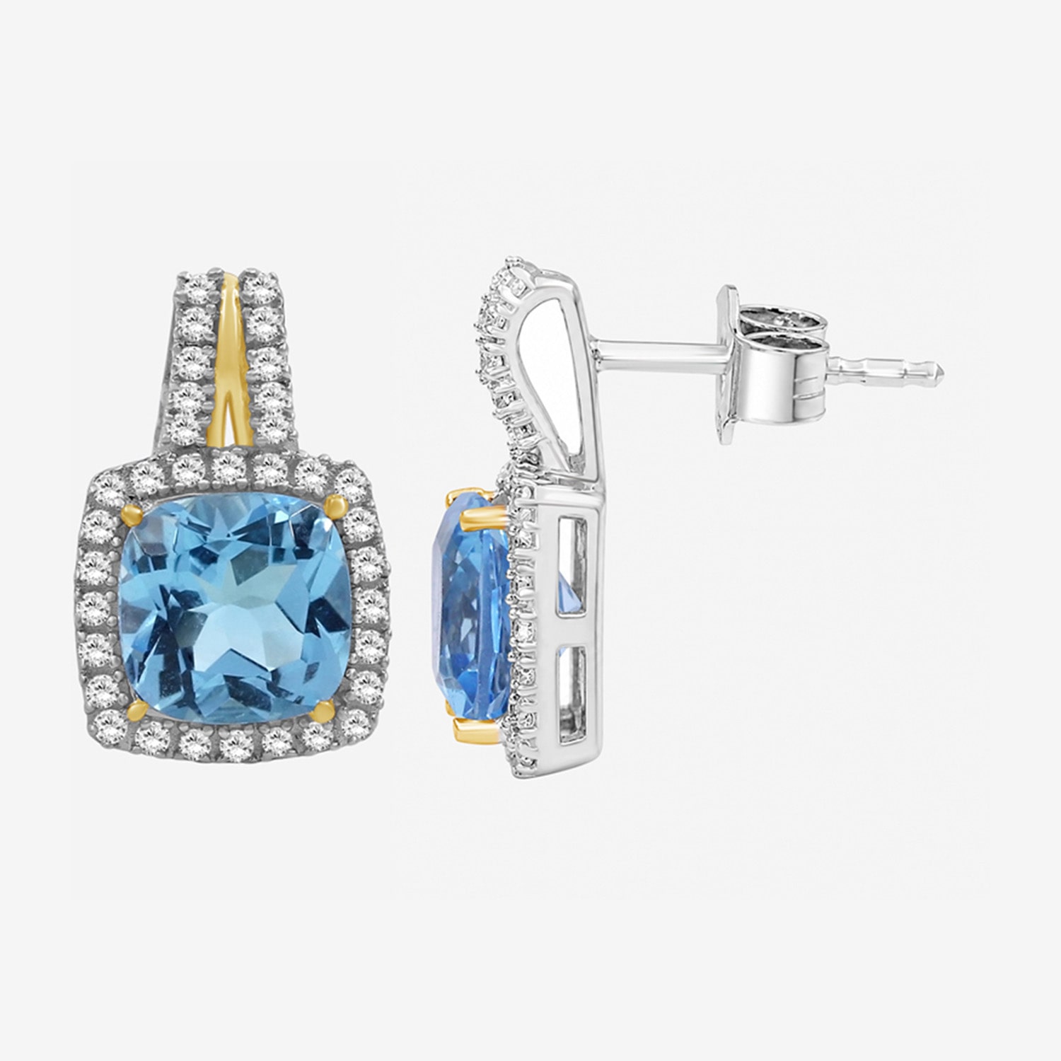 (I-J / I2-I3) Genuine Blue Topaz 10K Two Tone Gold 15.4mm Cushion Stud Earrings