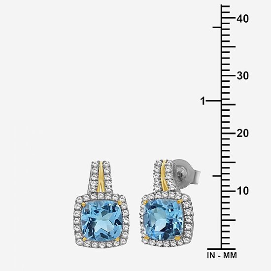 (I-J / I2-I3) Genuine Blue Topaz 10K Two Tone Gold 15.4mm Cushion Stud Earrings