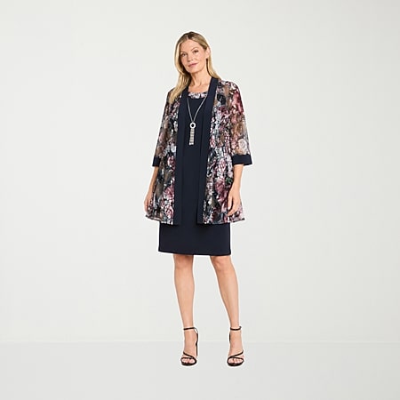 Sandra Darren Womens Floral Jacket Dress With Removable Neckalce
