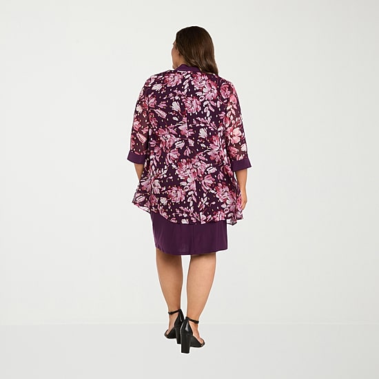 R & M Richards Womens Plus Floral Jacket Dress With Removable Necklace