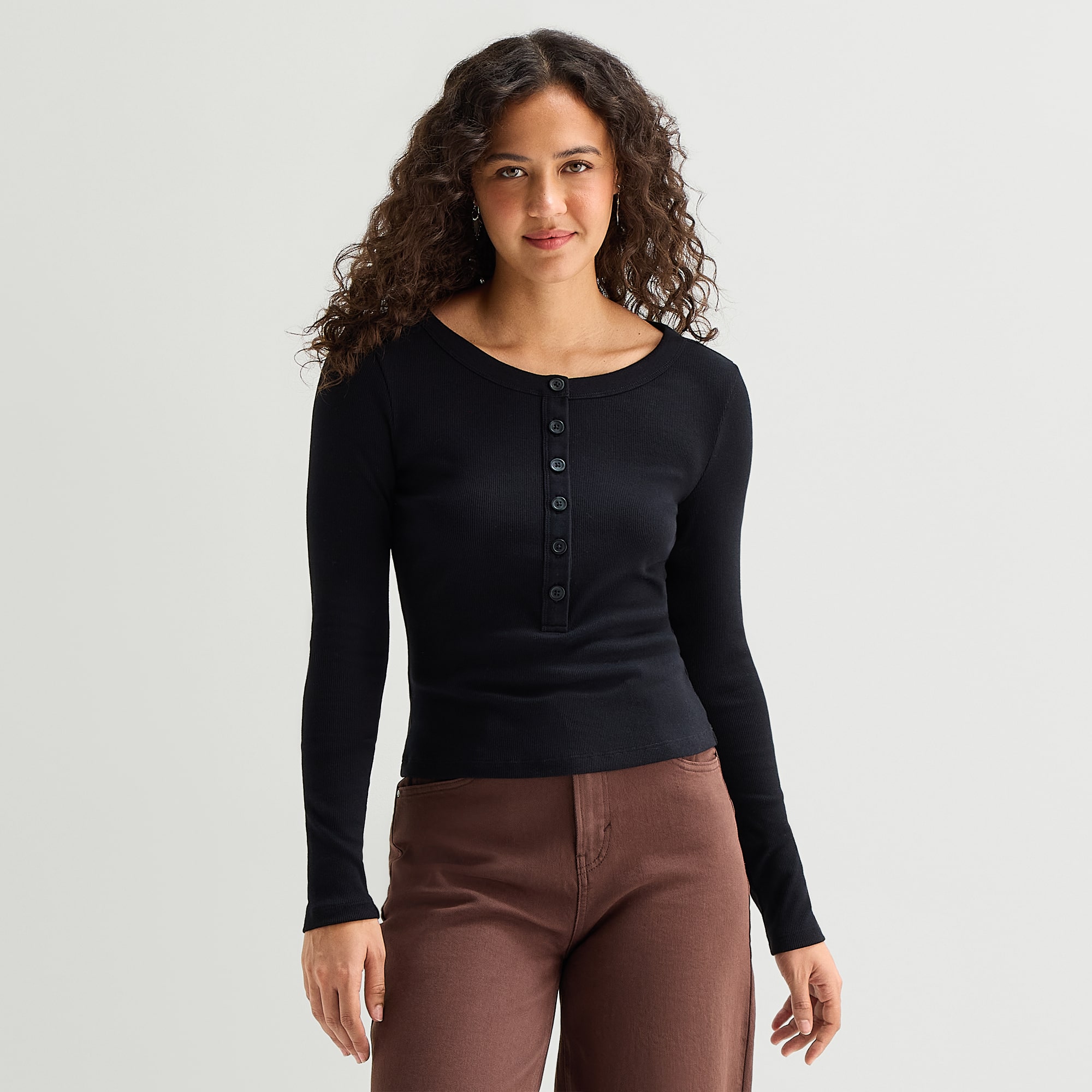 A.N.A Womens Split Crew Neck Long Sleeve T-Shirt
