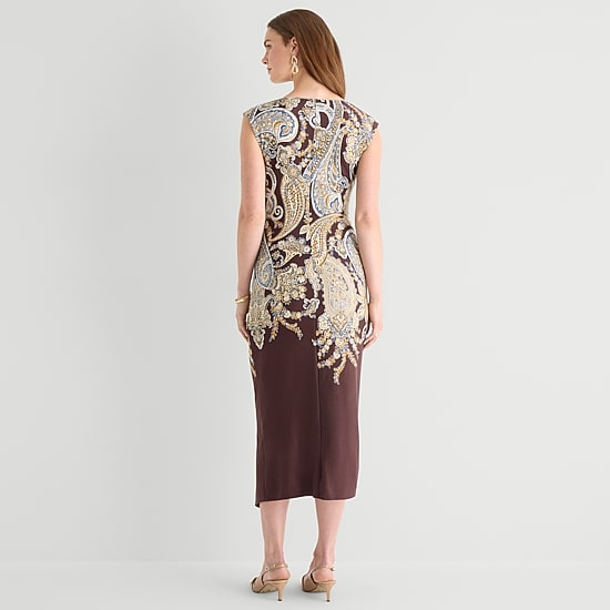 MSK Womens Midi Round Neck Sleeveless Cap Paisley Fit + Flare Dress