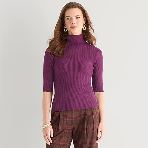 Worthington Womens Turtleneck Elbow Sleeve Pullover Sweater In Purple