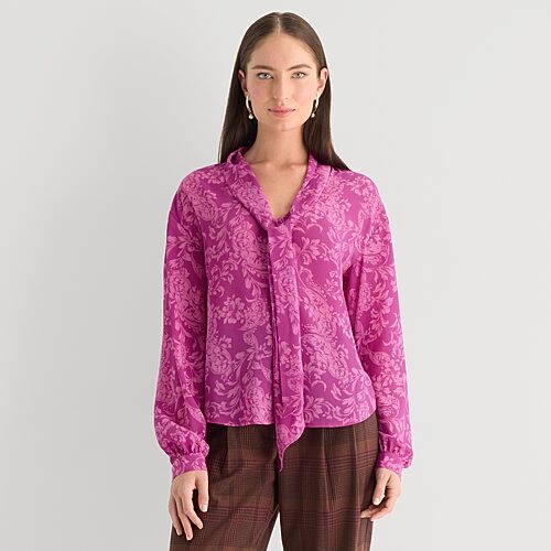 Worthington Womens Split Tie Neck Long Sleeve Blouse In Purple