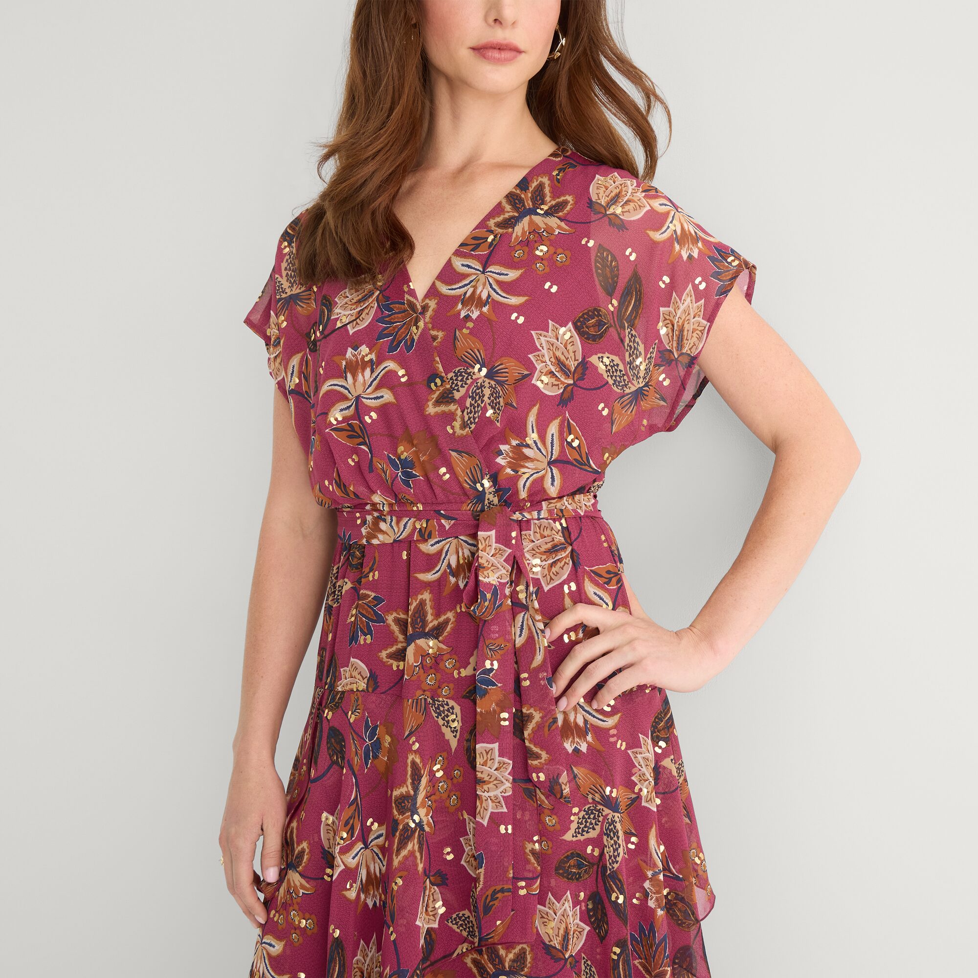 Rabbit Design Womens Midi V Neck Short Sleeve Cuffed Floral Fit + Flare Dress