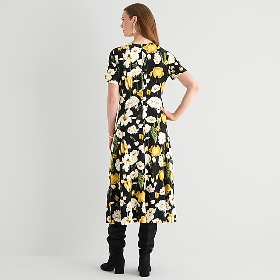 Ted Baker Womens Midi Round Neck Short Sleeve Floral Fit + Flare Dress