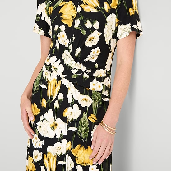 Ted Baker Womens Midi Round Neck Short Sleeve Floral Fit + Flare Dress