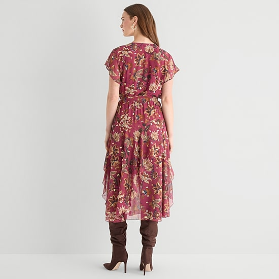 Rabbit Rabbit Rabbit Design Womens Midi V Neck Short Sleeve Chiffon Floral Fit + Flare Dress