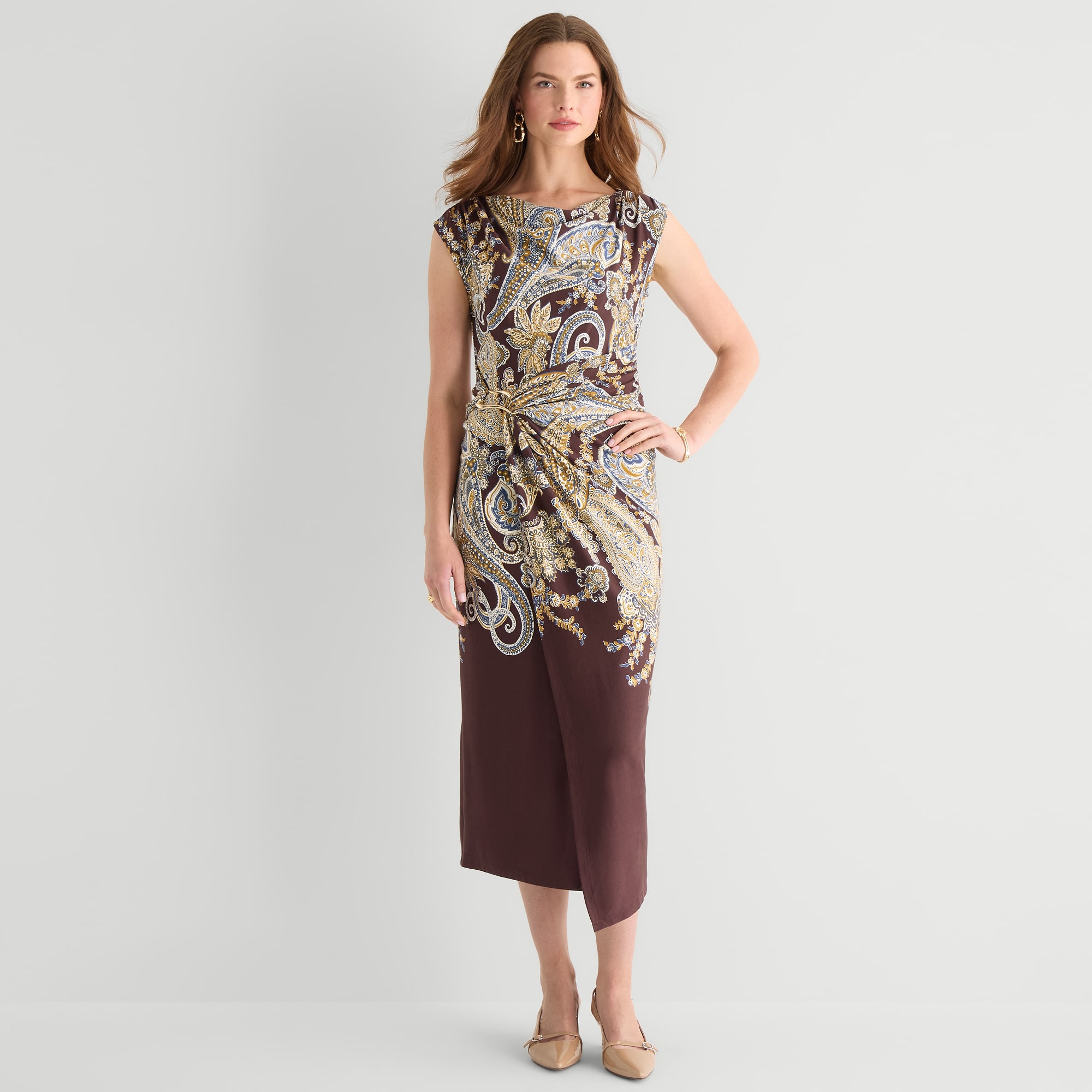 MSK Womens Midi Round Neck Sleeveless Cap Paisley Fit + Flare Dress