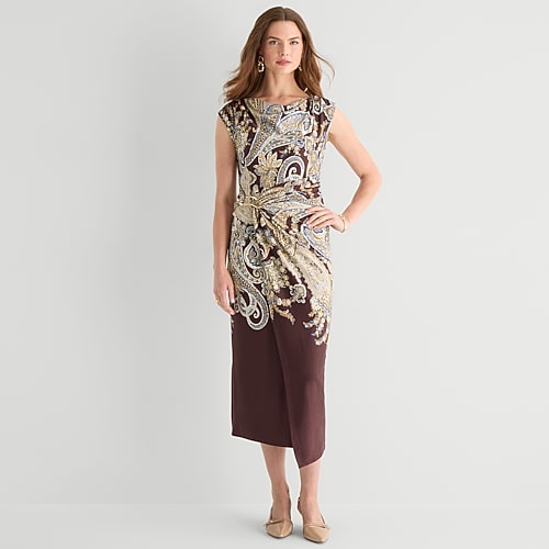 Msk Womens Midi Round Neck Sleeveless Cap Paisley Fit + Flare Dress In Brown