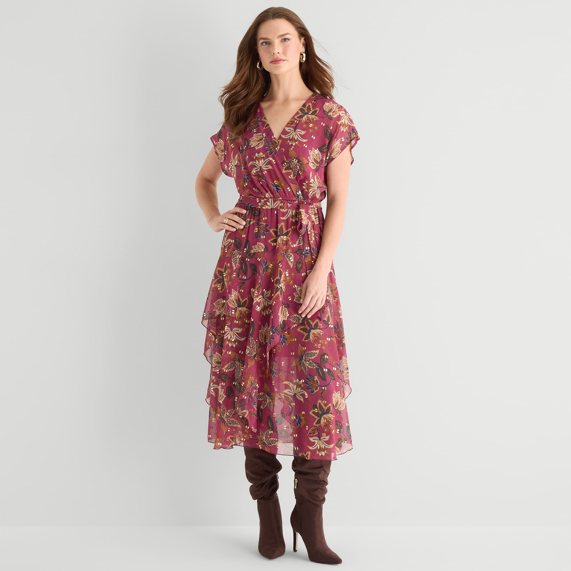Rabbit Design Womens Midi V Neck Short Sleeve Cuffed Floral Fit + Flare Dress