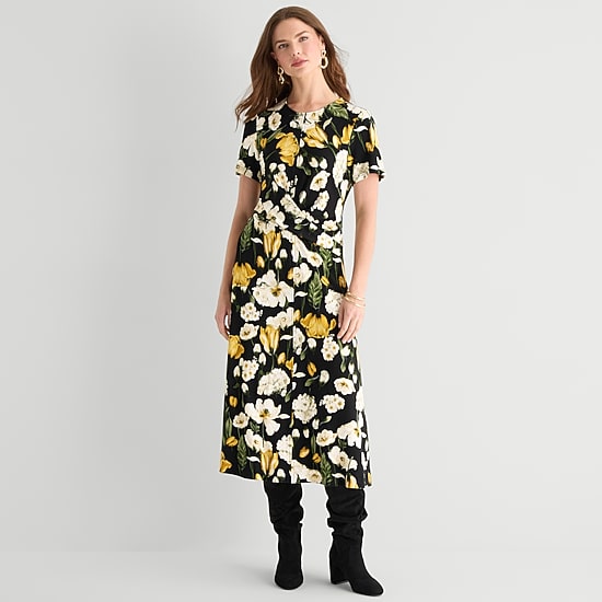 black floral ted baker dress Womens Midi Round Neck Short Sleeve Fit + Flare Dress, Color: Rich Made with high