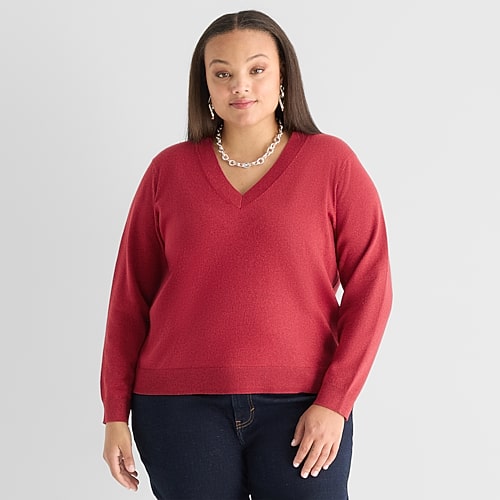 Worthington Plus Womens V Neck Long Sleeve Pullover Sweater In Red