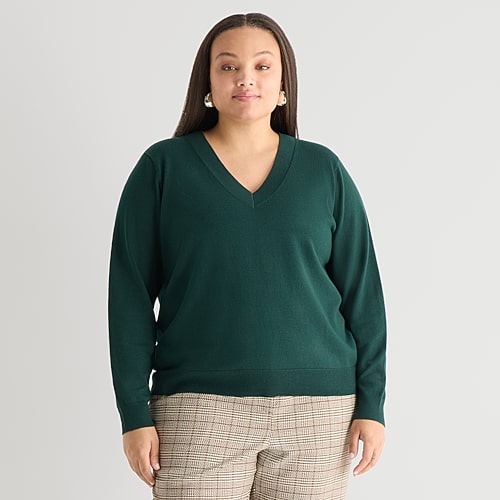 Worthington Plus Womens V Neck Long Sleeve Pullover Sweater In Green