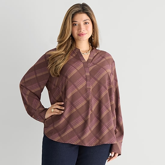 Worthington Womens Plus Henley Neck Long Sleeve Blouse