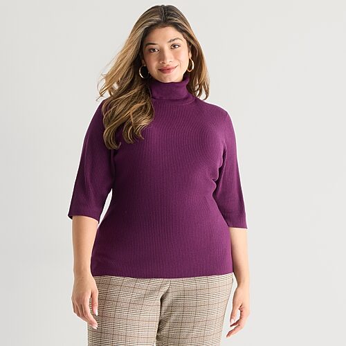 Worthington Plus Womens Turtleneck Elbow Sleeve Pullover Sweater In Purple