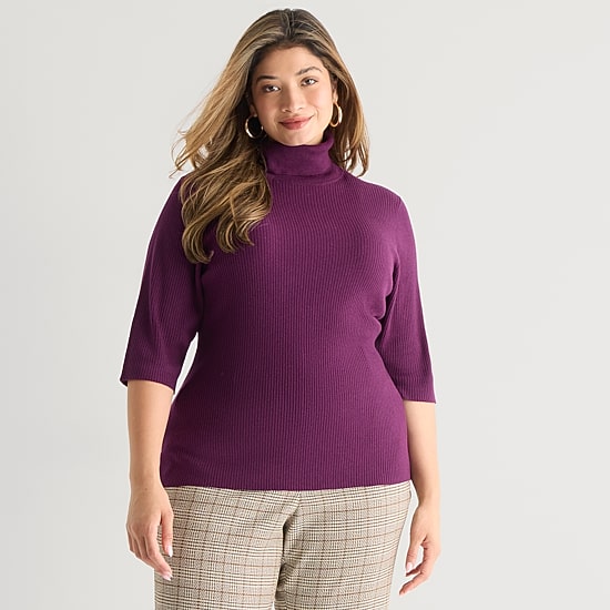 Worthington Plus Womens Turtleneck Elbow Sleeve Pullover Sweater